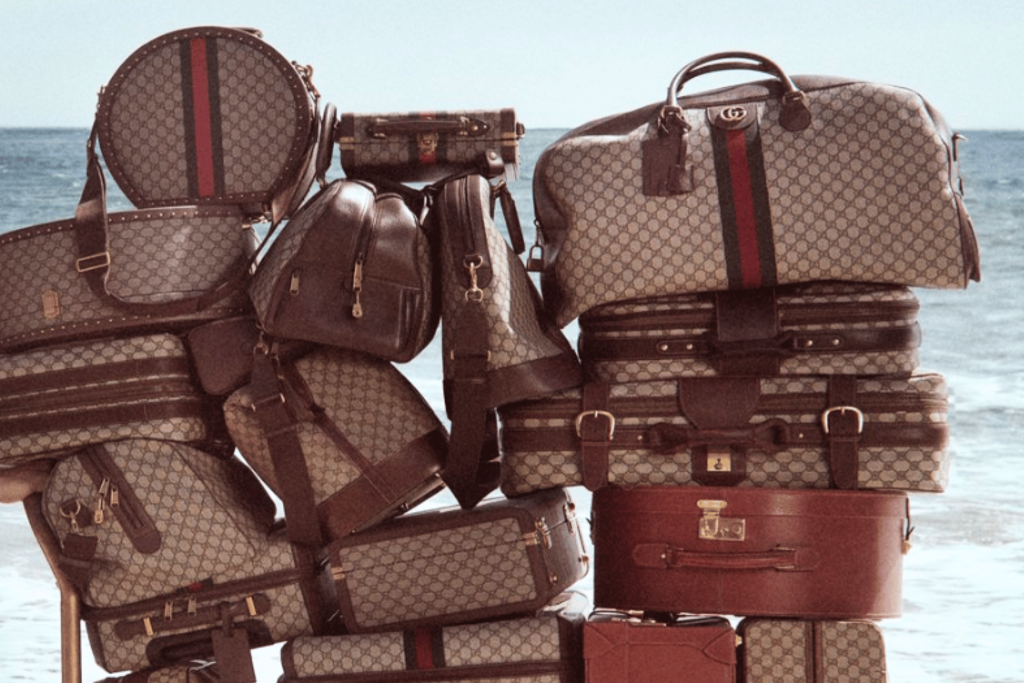 A pile of designer fakes Gucci travel bag in Bangkok. 