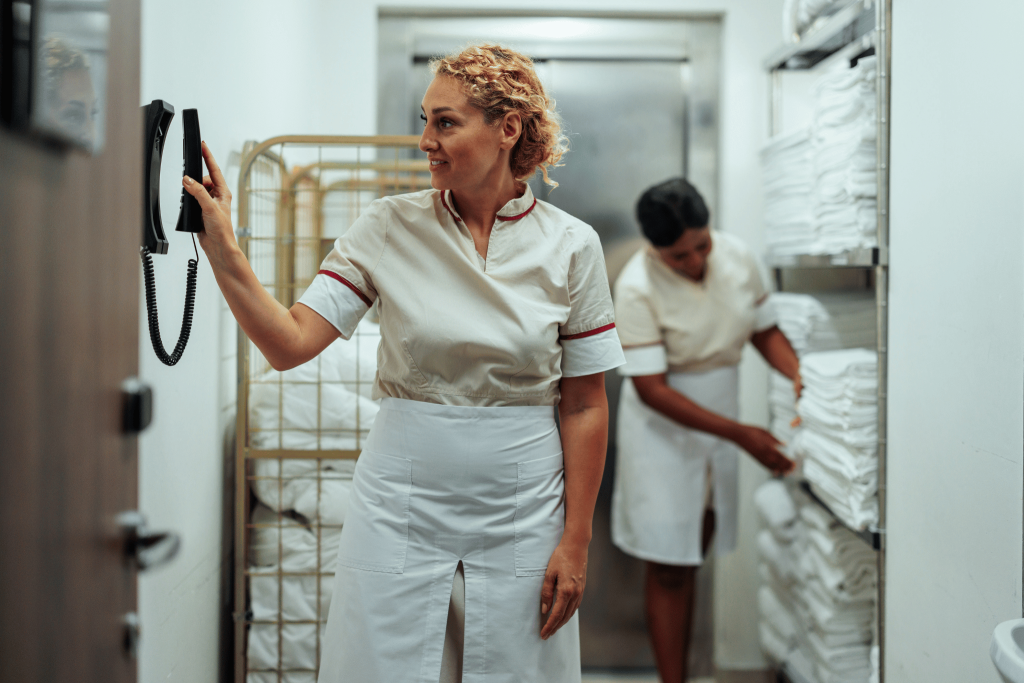 A house keeper in a five star hotel answering the phone for fast service if you know these hoetel travel hacks to get the best service. Hotels travel tweaks